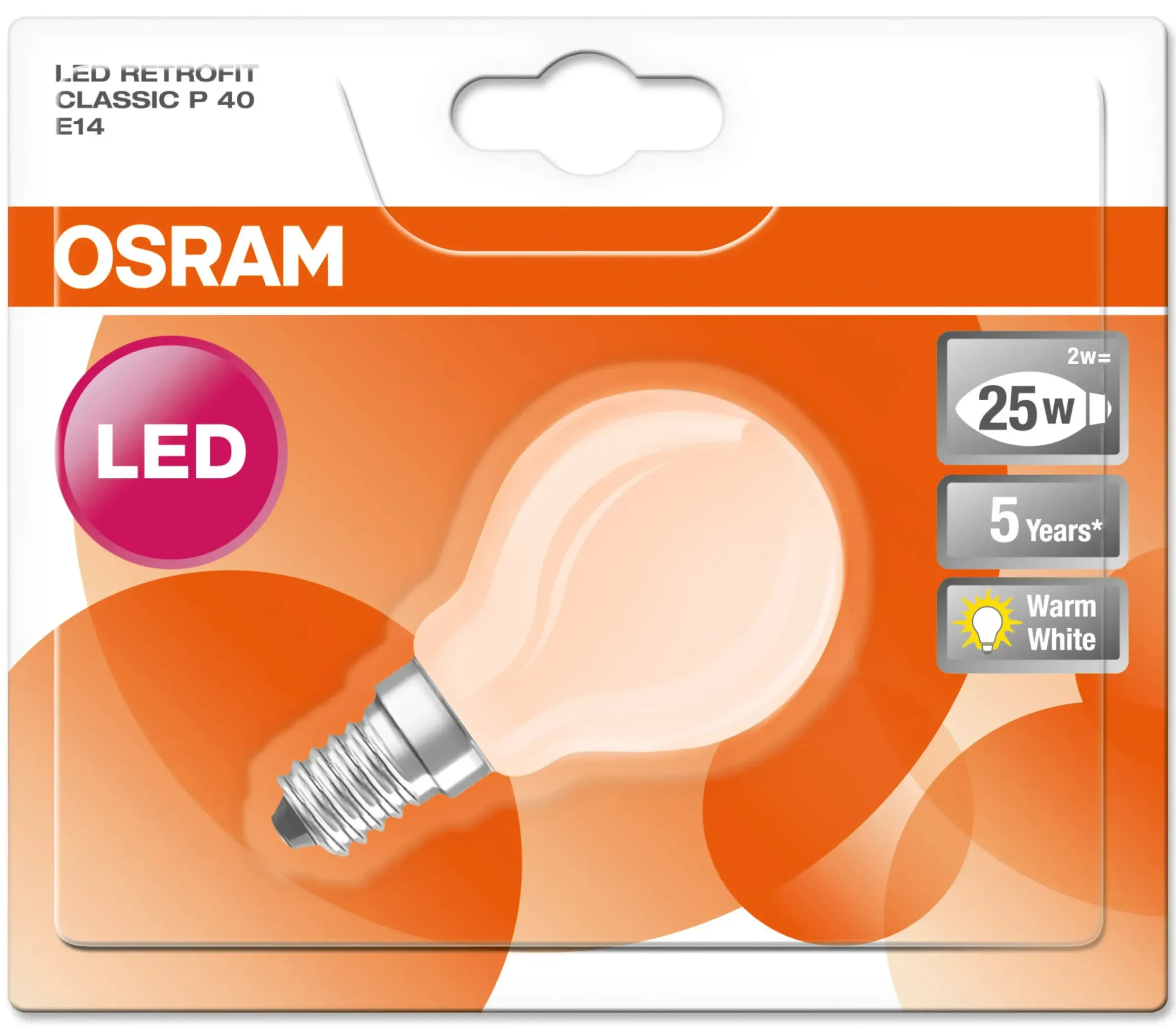 Ampoule Led E14 Verre / Spherique Depolie - 2,5W=25W (2700K, Chaud) - Osram