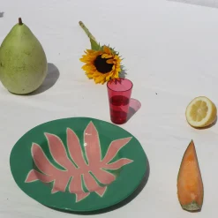 Assiette Green Leaf Ceramique Rose Vert / O 26 Cm - Peint A La Main - Laetitia Rouget