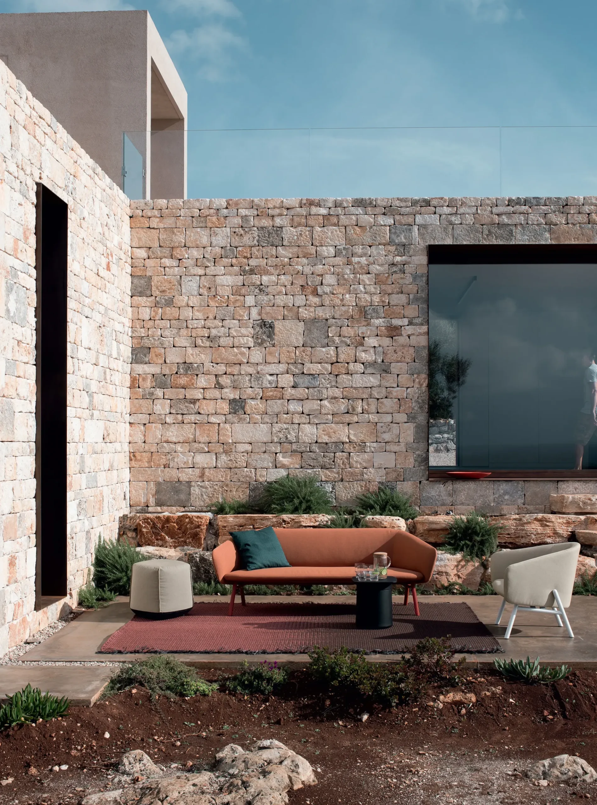 Canape De Jardin 3 Places Tuile Metal Tissu Orange Marron /L 220 Cm - Kristalia