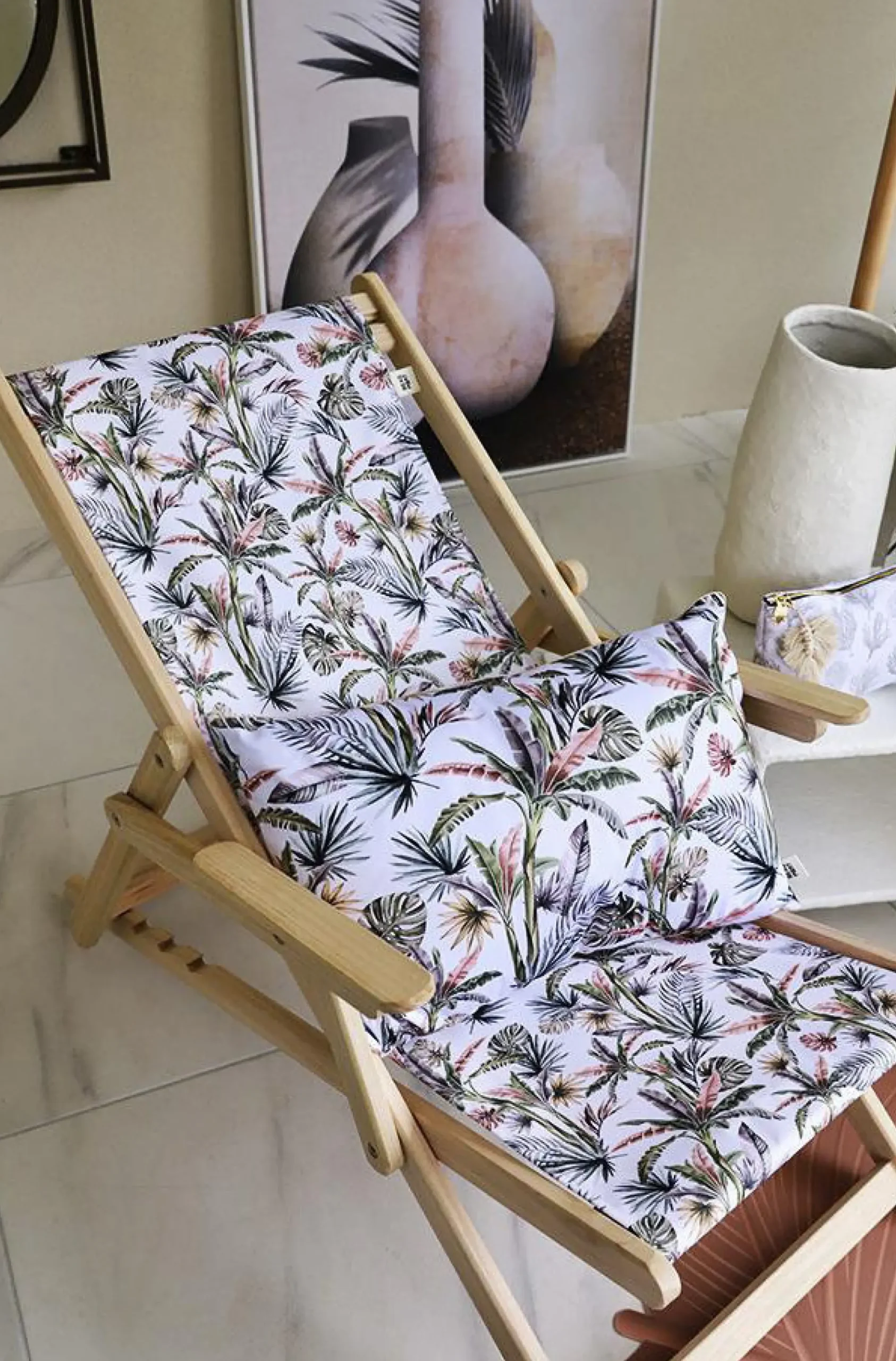 Chaise Longue Pliable Inclinable Rio Bois Multicolore Bois & Tissu Blanc Fleuri / Avec Accoudoirs - Podevache