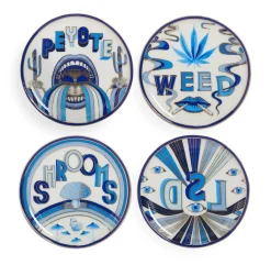 Dessous De Verre Druggist Ceramique Blanc Bleu Or / Set De 4 - Porcelaine & Or - Jonathan Adler