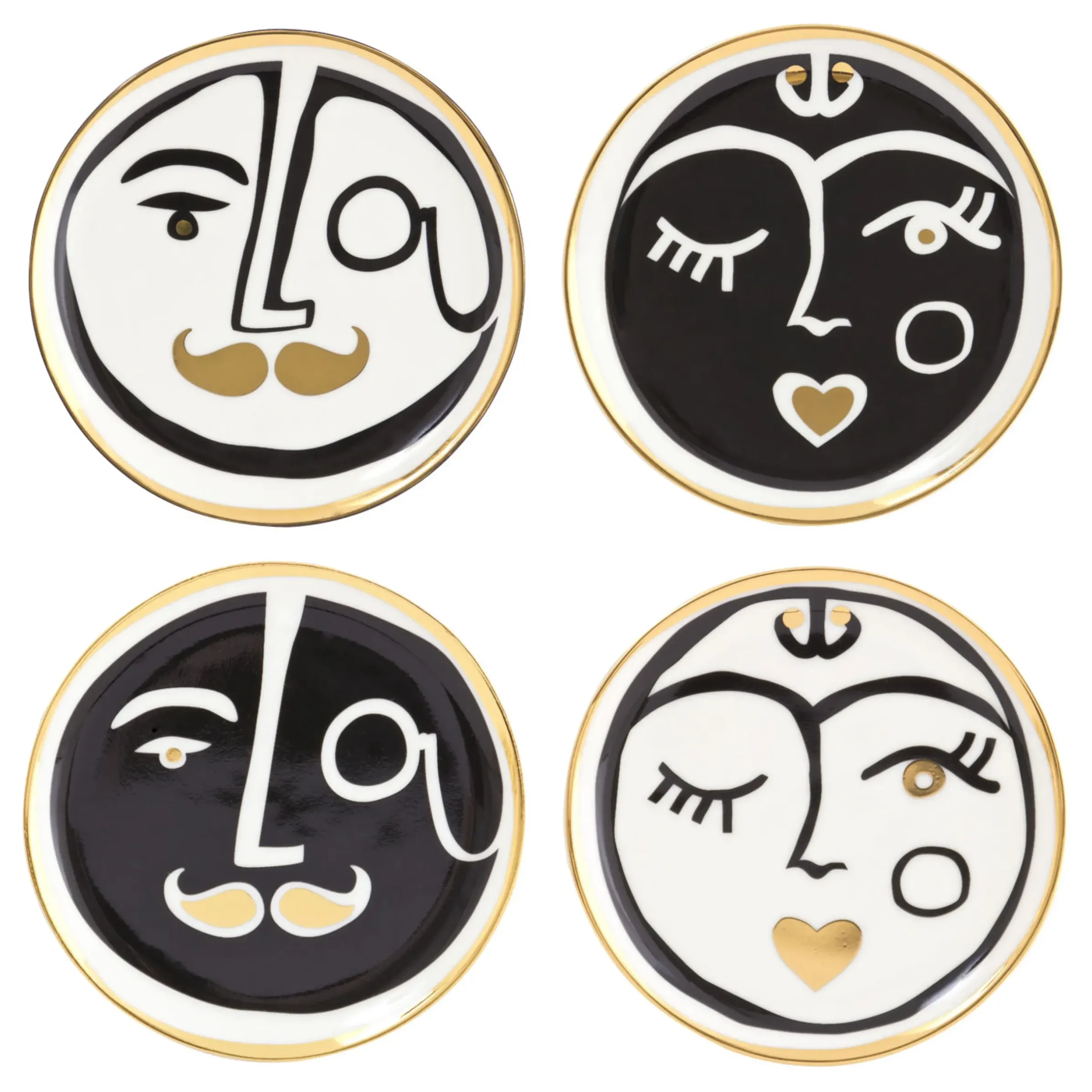 Dessous De Verre Marseilles Ceramique Blanc Noir Or / Set De 4 - Porcelaine & Or 24 Carats - Jonathan Adler