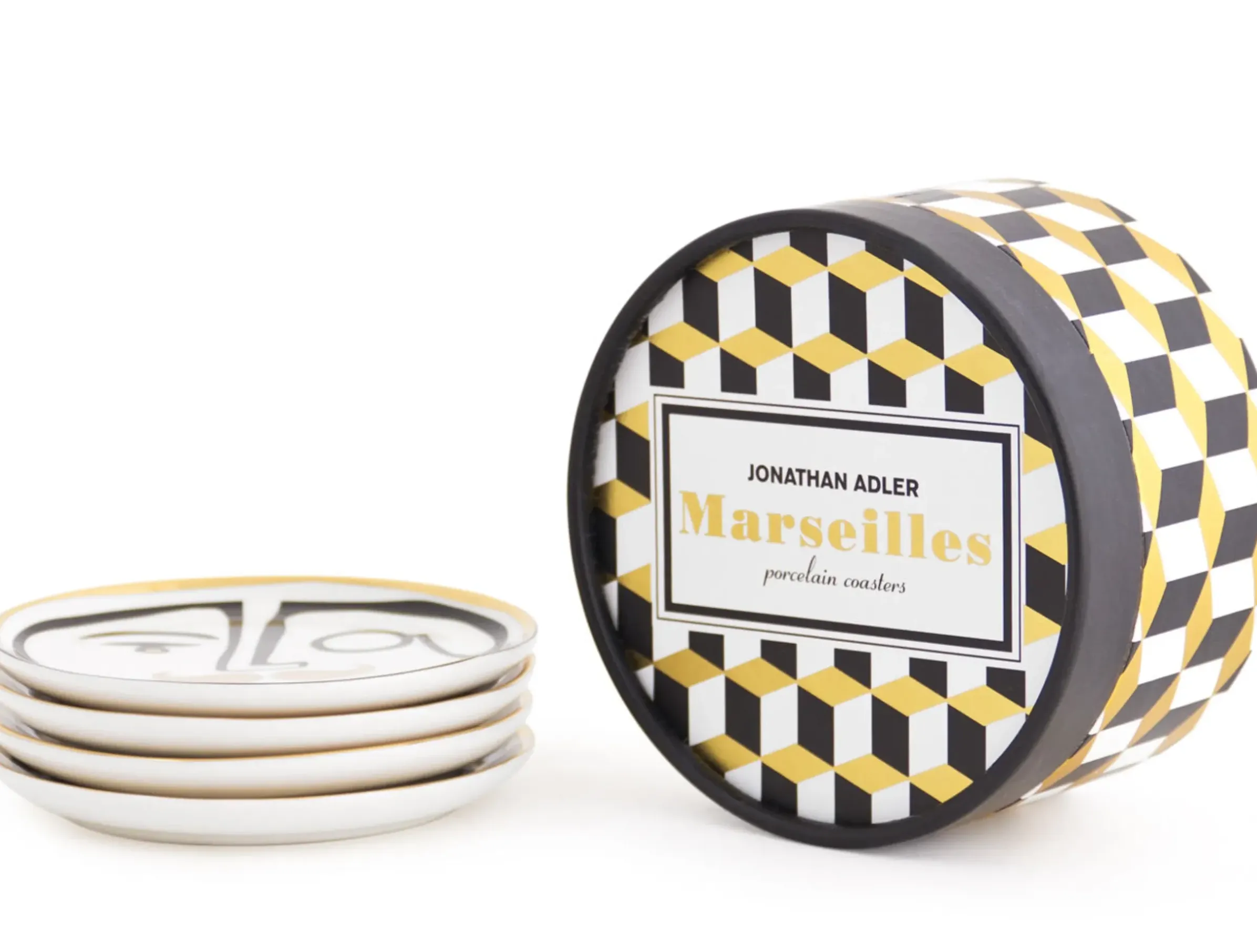 Dessous De Verre Marseilles Ceramique Blanc Noir Or / Set De 4 - Porcelaine & Or 24 Carats - Jonathan Adler
