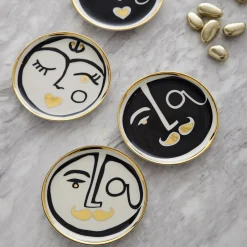 Dessous De Verre Marseilles Ceramique Blanc Noir Or / Set De 4 - Porcelaine & Or 24 Carats - Jonathan Adler