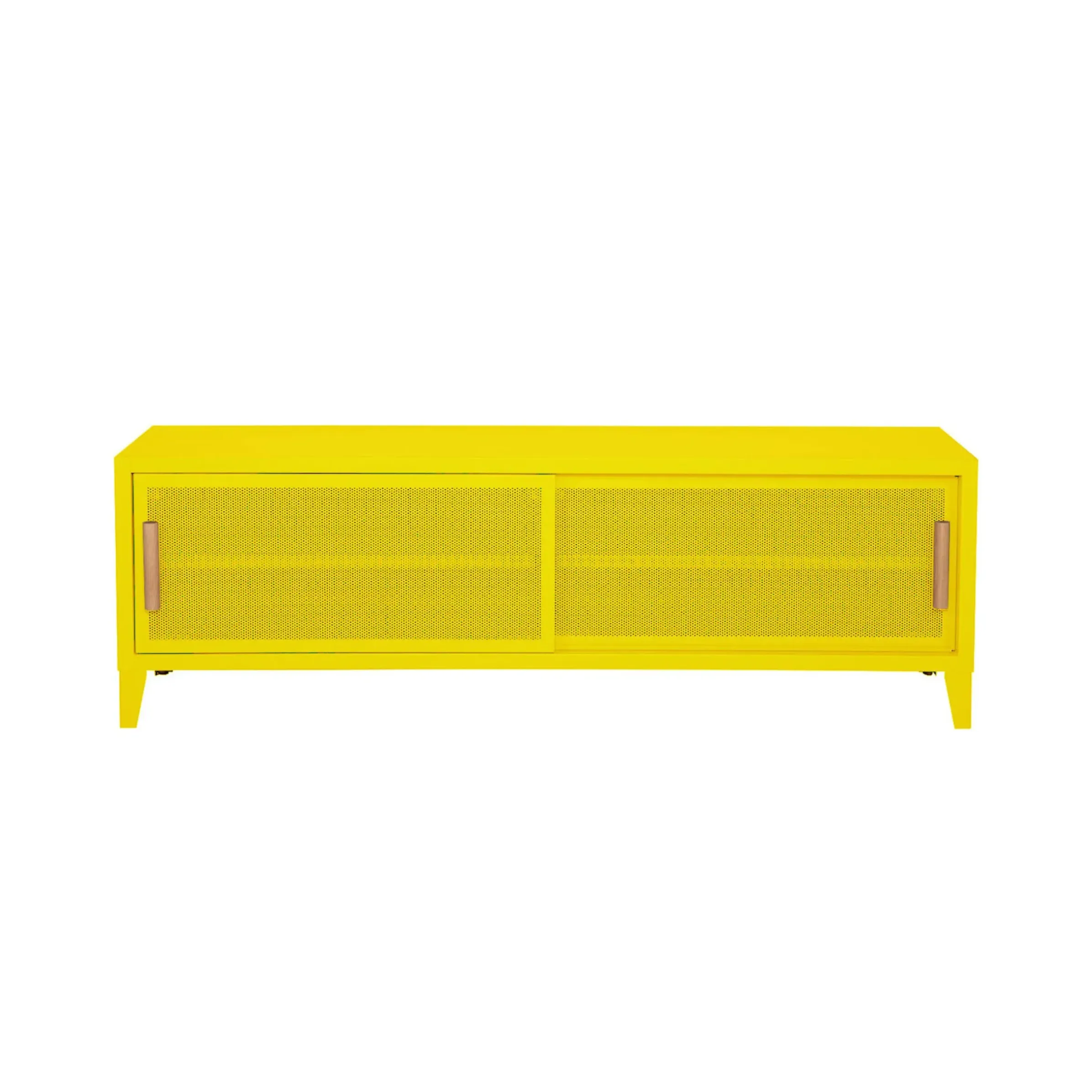Meuble Tv B2 Bas Perfore Metal Jaune / L 120 X H 51 Cm - Poignees Chene - Tolix