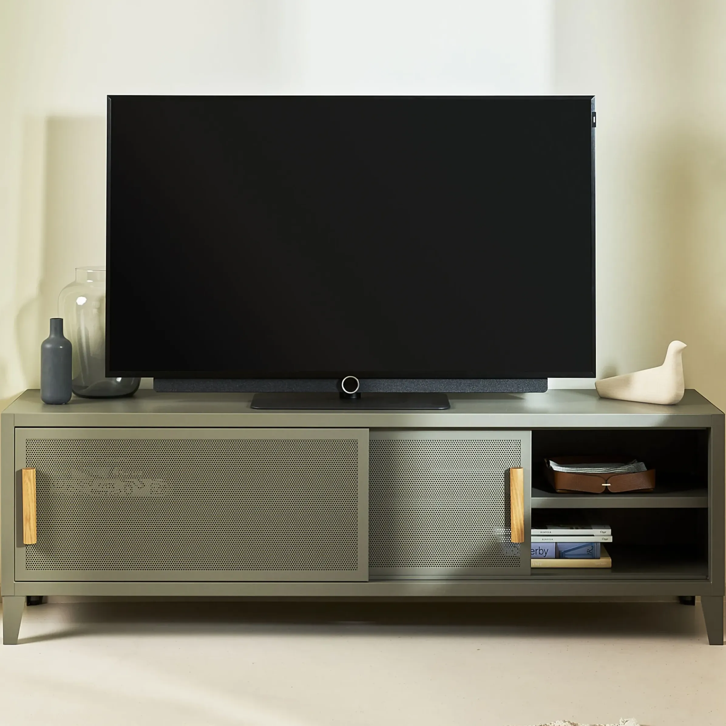 Meuble Tv B2 Bas Perfore Metal Orange / L 160 X H 51 Cm - Poignees Chene - Tolix