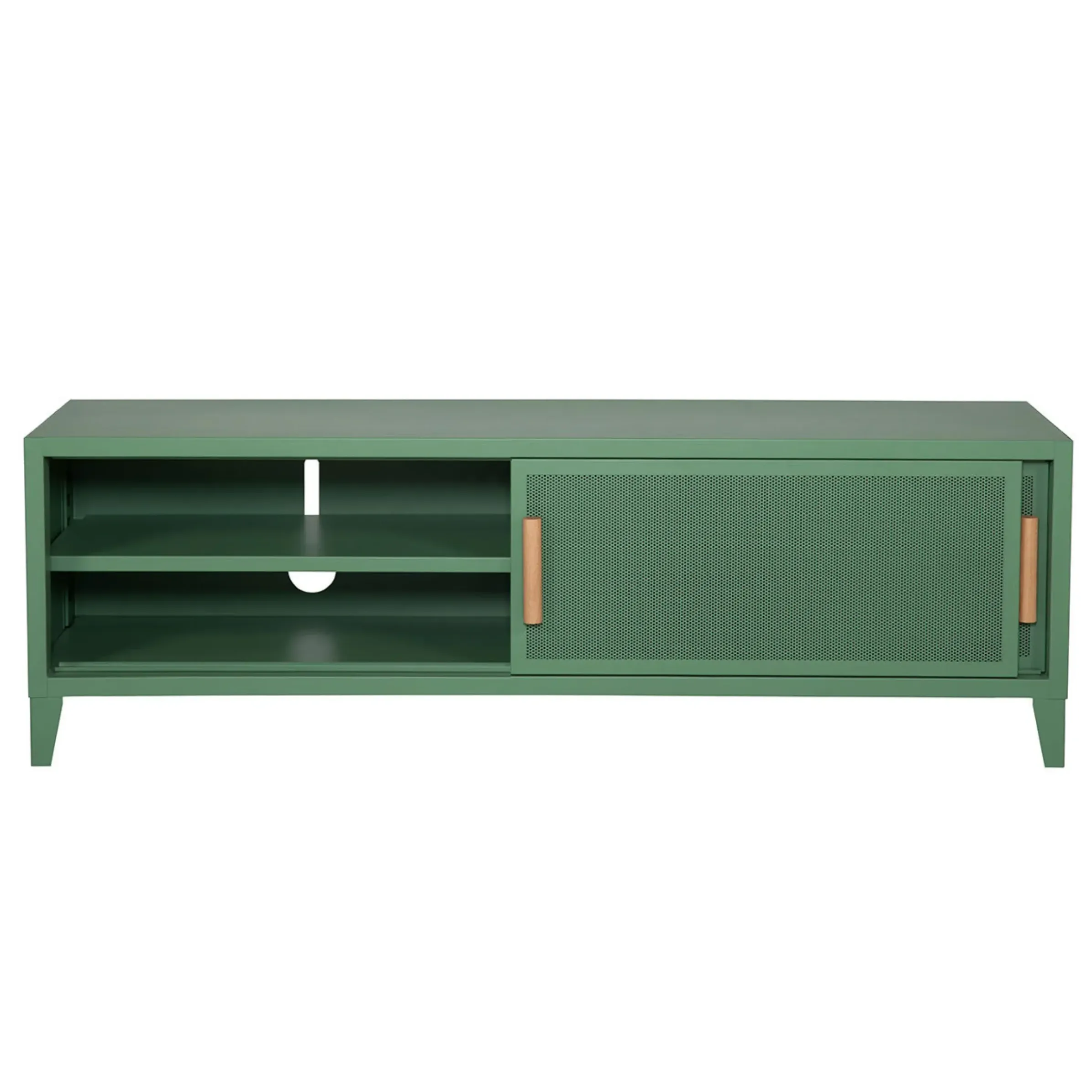 Meuble Tv B2 Bas Perfore Metal Vert / L 160 X H 51 Cm - Poignees Chene - Tolix