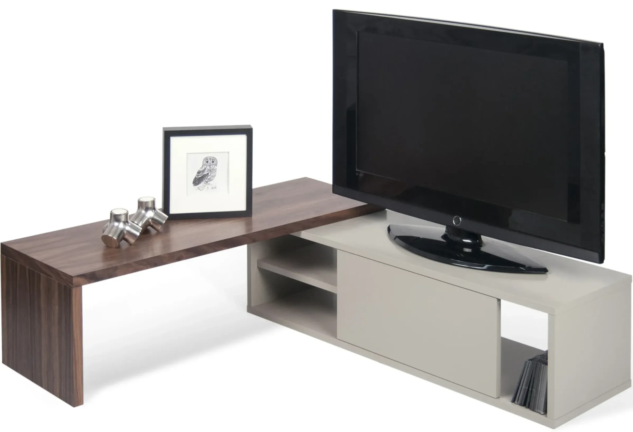 Meuble Tv Extensible Slide Gris Bois Naturel / Pivotant - L 110 A 203 Cm - Pop Up Home