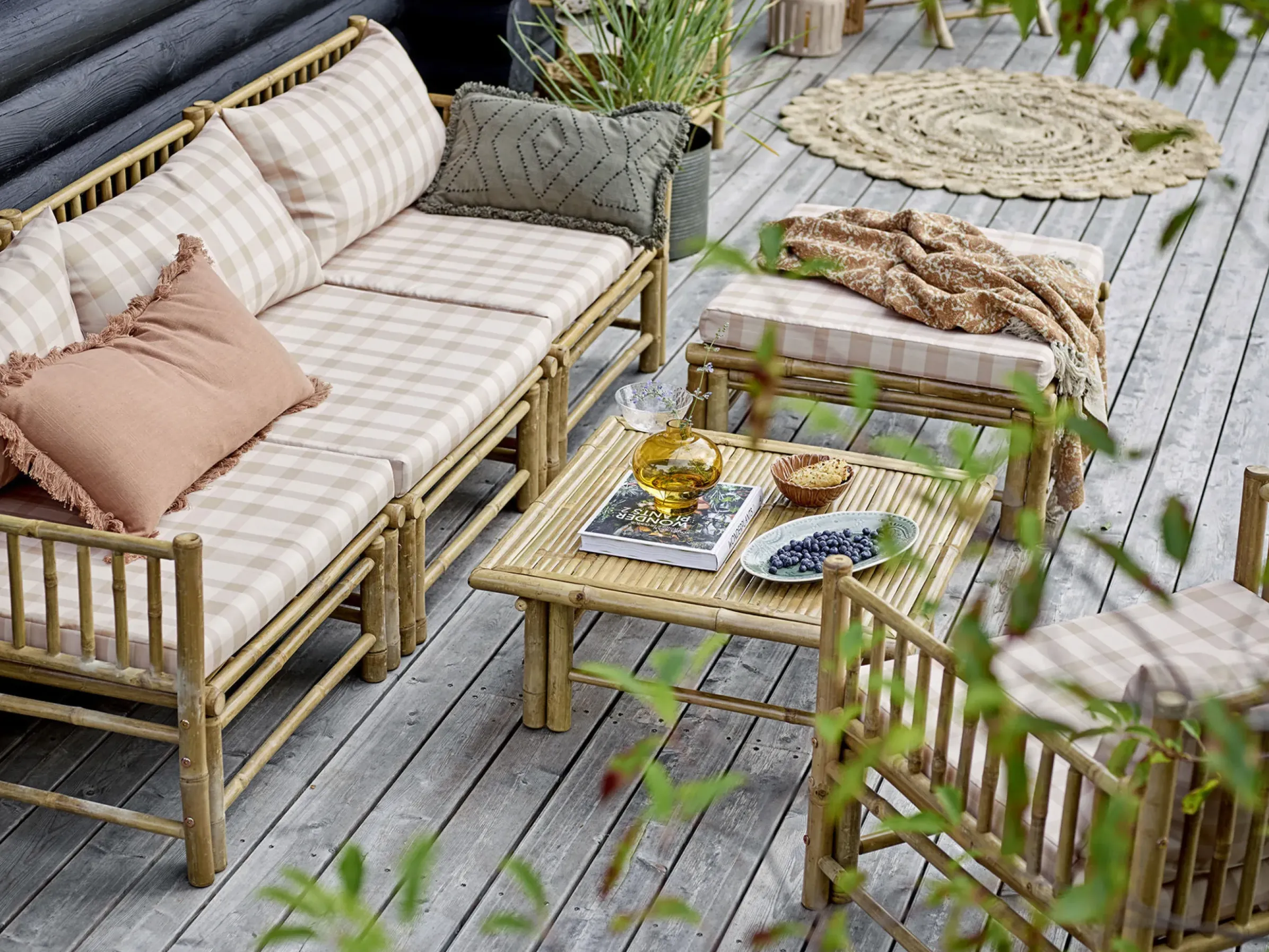 Pouf Korfu Tissu Beige Bois Naturel / Bambou - 72 X 72 Cm - Bloomingville