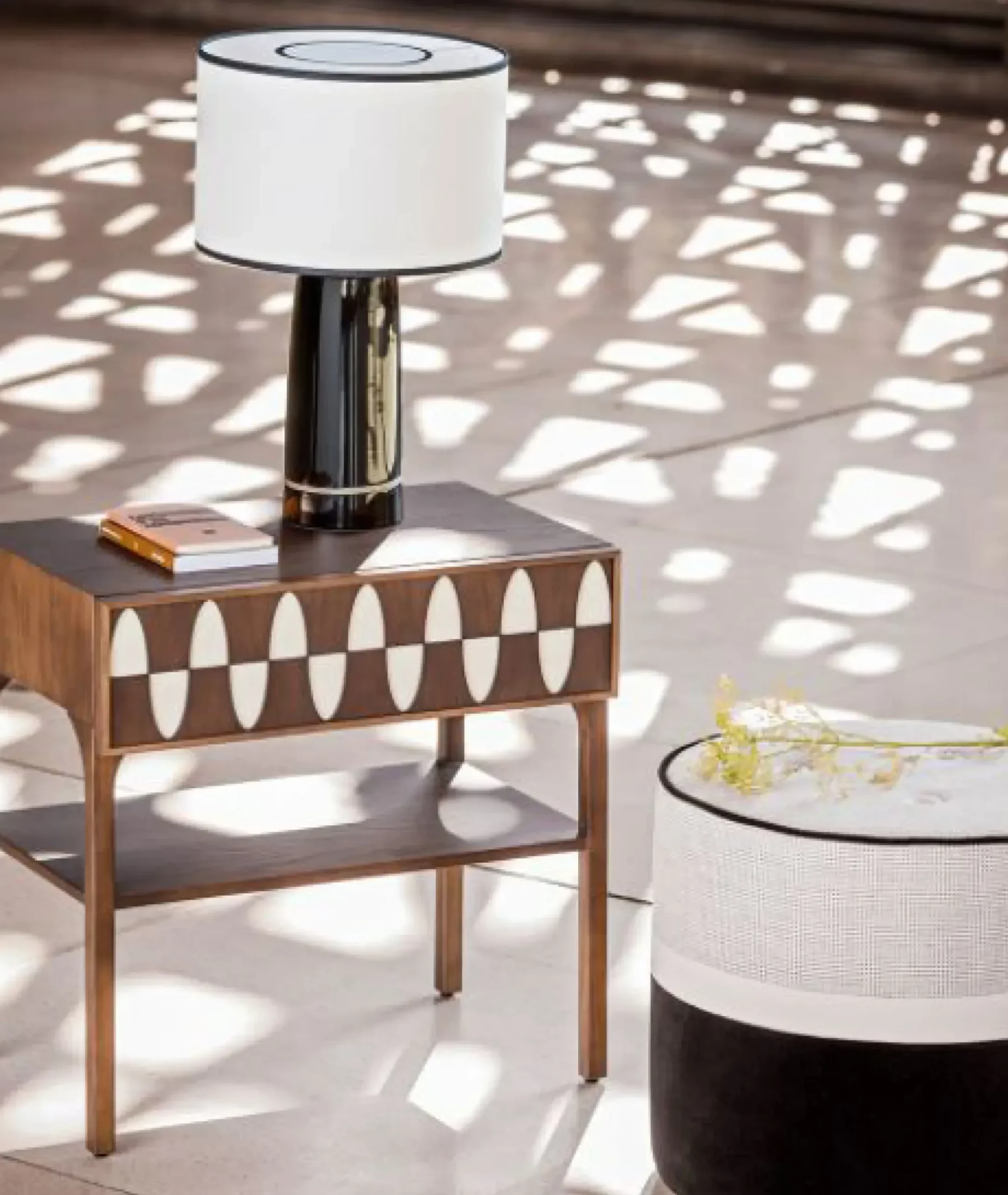 Pouf Leo Small Tissu Noir Beige / O 42 X H 40 Cm - Coton & Lin - Maison Sarah Lavoine