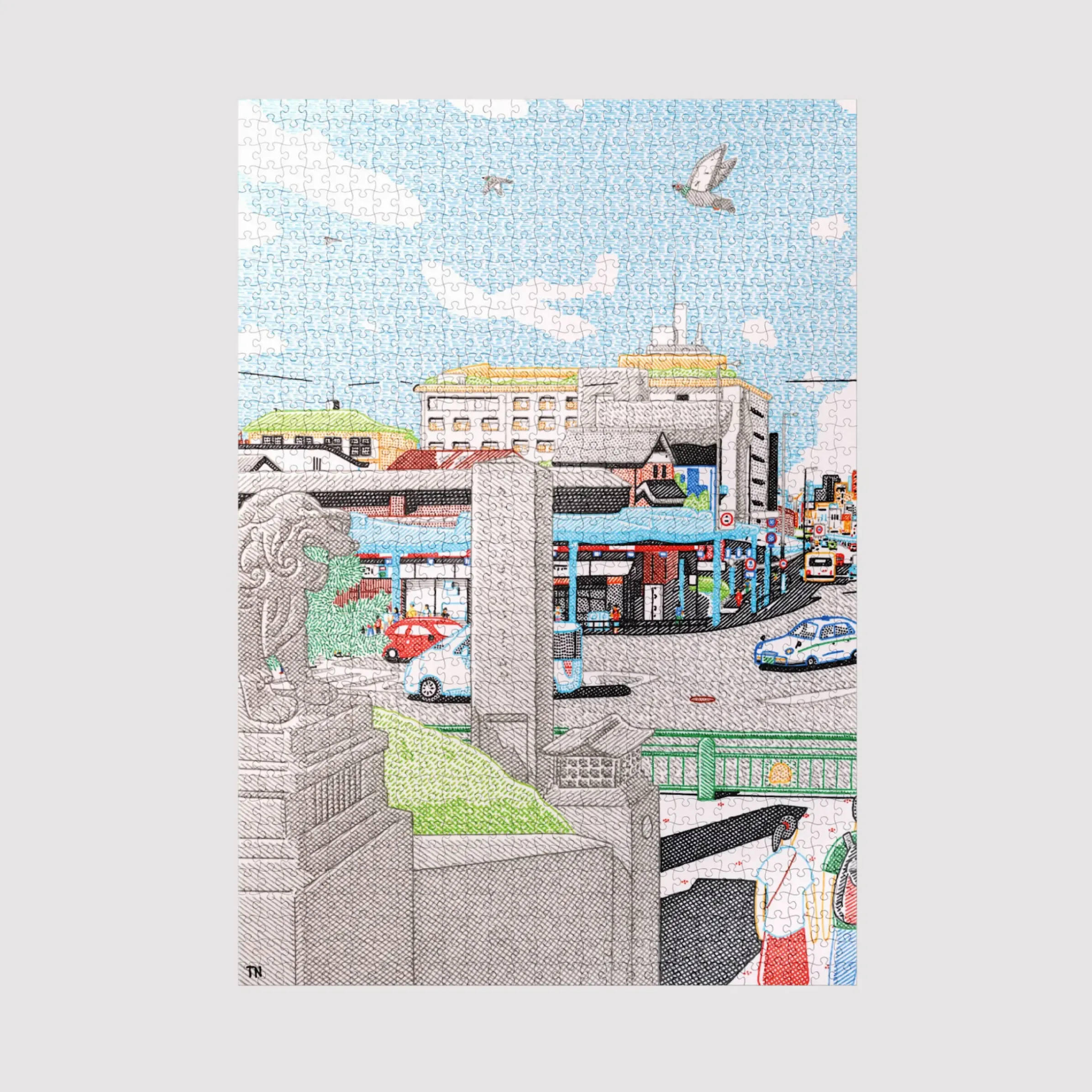 Puzzle Town With A Shrine Par Takashi Nakamura Papier Bleu / 1000 Pieces - 49X68 Cm / Edition Limitee - Sulo