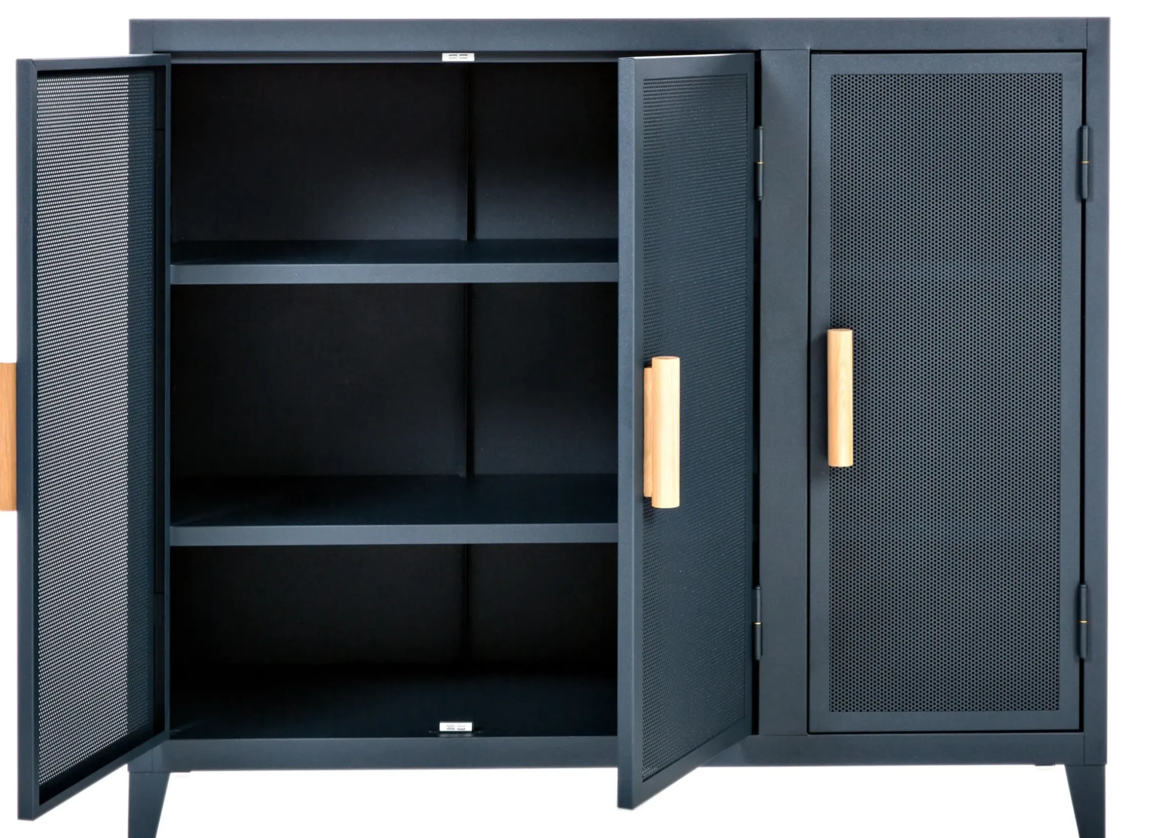 Rangement Vestiaire Bas Perfore Metal Bleu / 3 Portes - Poignees Chene - Tolix