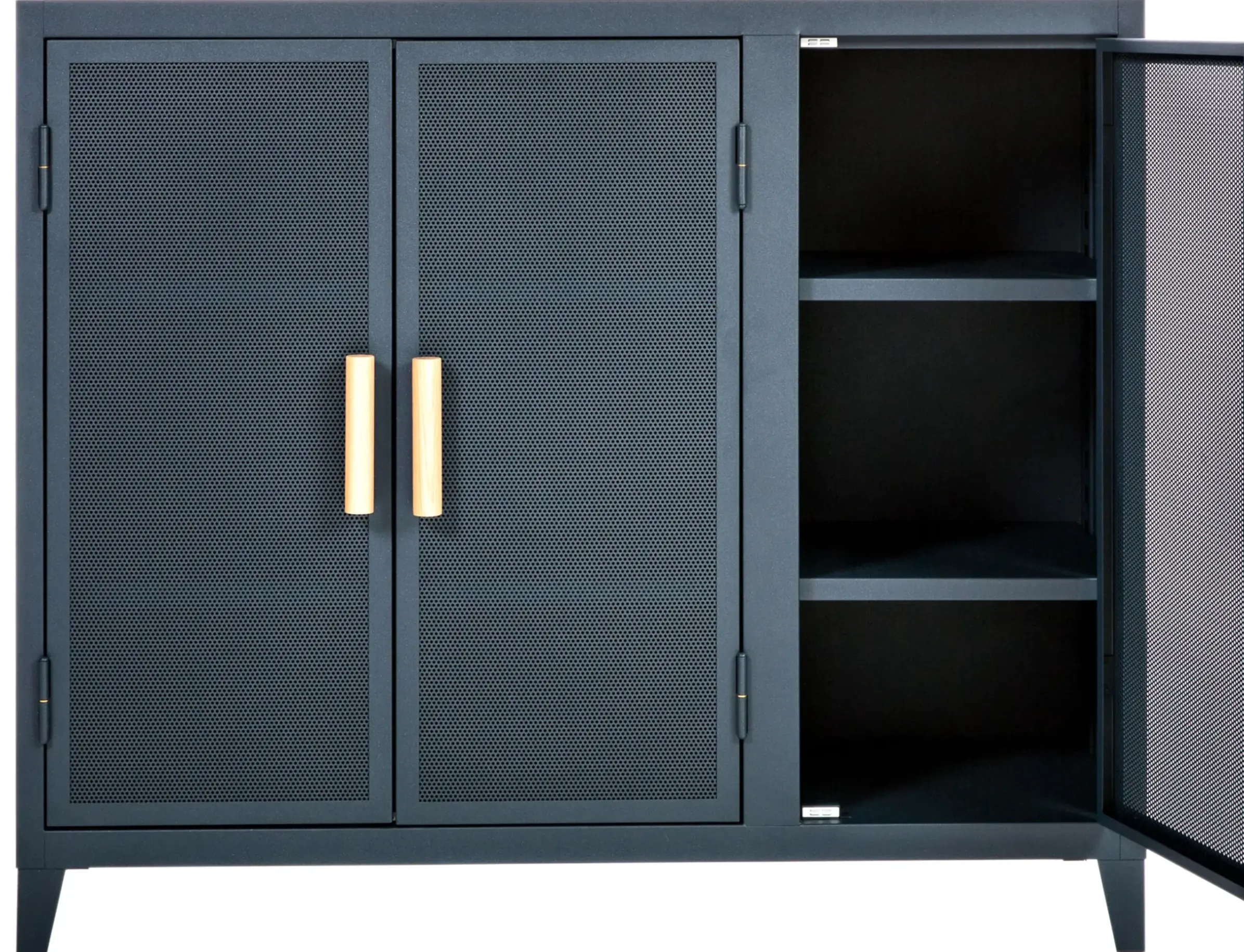 Rangement Vestiaire Bas Perfore Metal Bleu / 3 Portes - Poignees Chene - Tolix