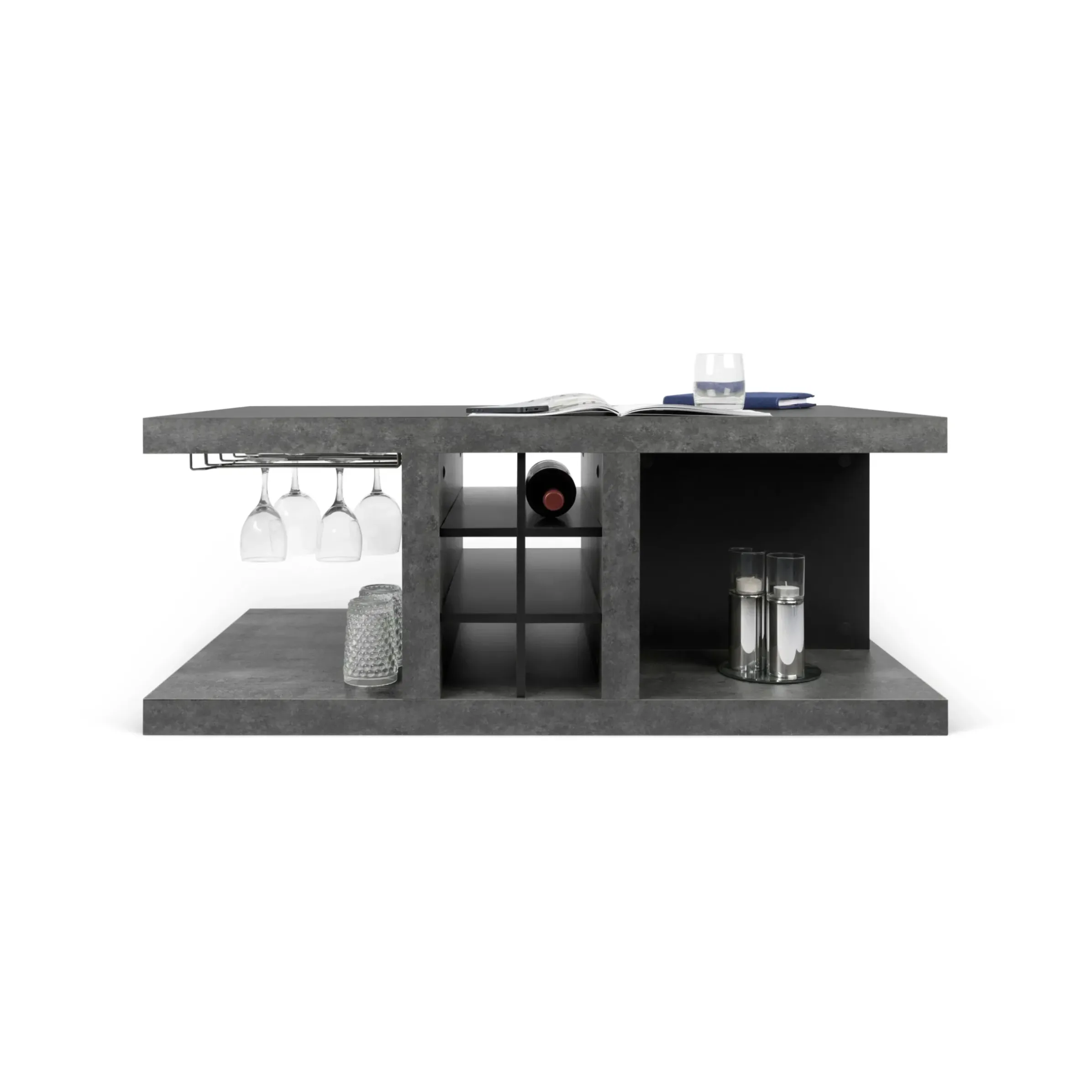 Table Basse Chicago Bar Bois Gris / Casier A Bouteilles & Rails Pour Verres A Pied - 110 X 65 X H 45 Cm - Pop Up Home