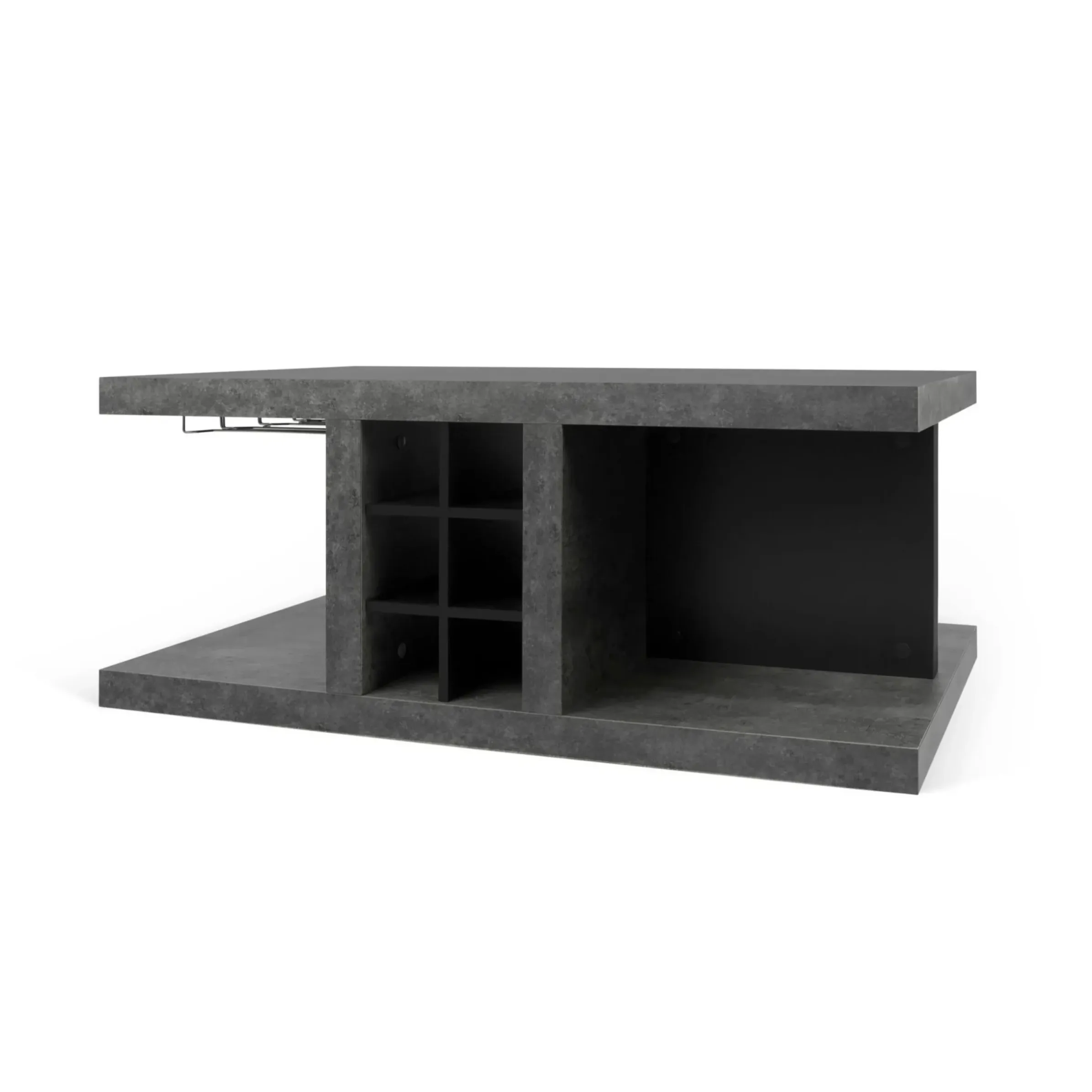 Table Basse Chicago Bar Bois Gris / Casier A Bouteilles & Rails Pour Verres A Pied - 110 X 65 X H 45 Cm - Pop Up Home