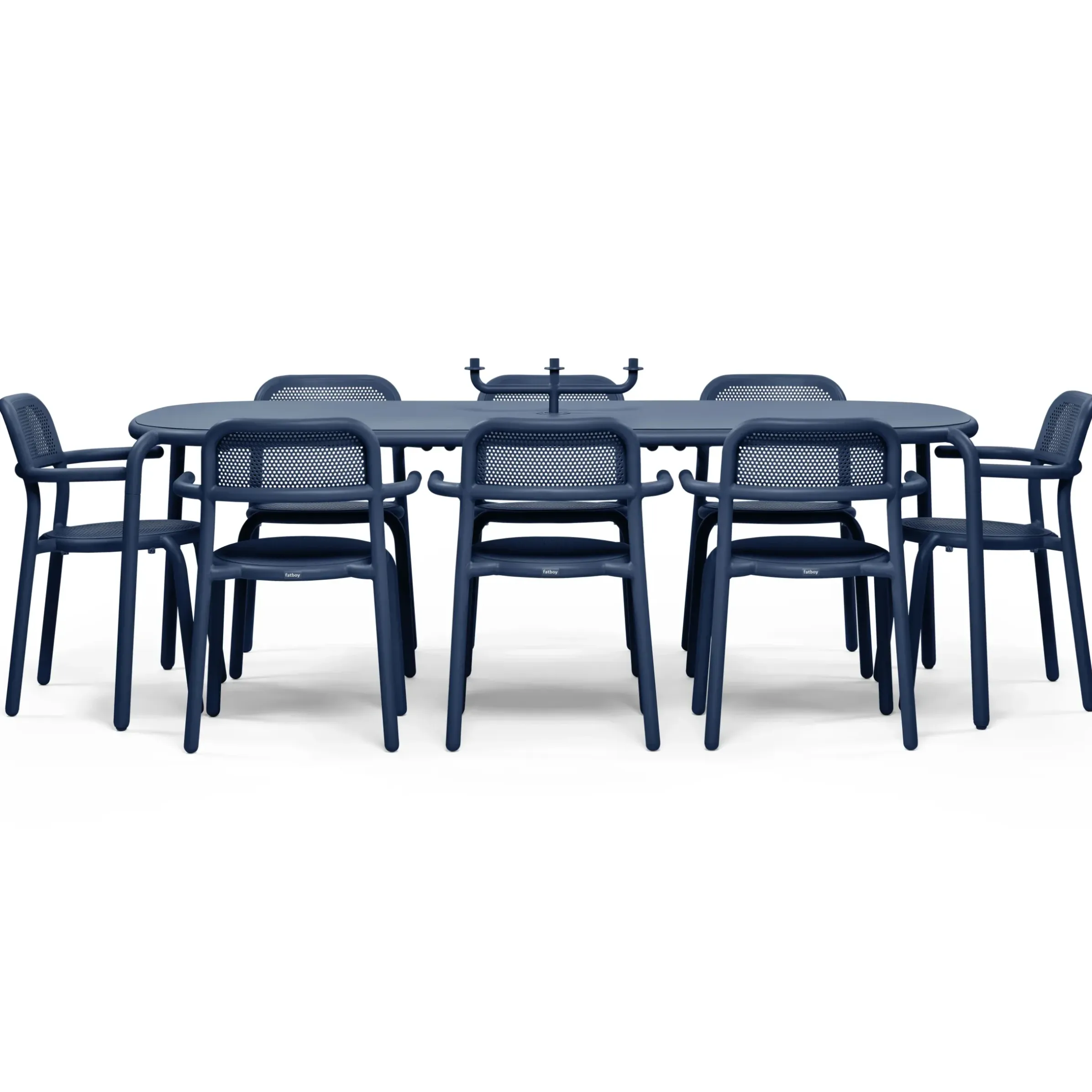 Table Rectangulaire Toni Tablo Metal Bleu / 220 X 99 Cm - Trou Pour Parasol + Bougeoir Amovible - Fatboy